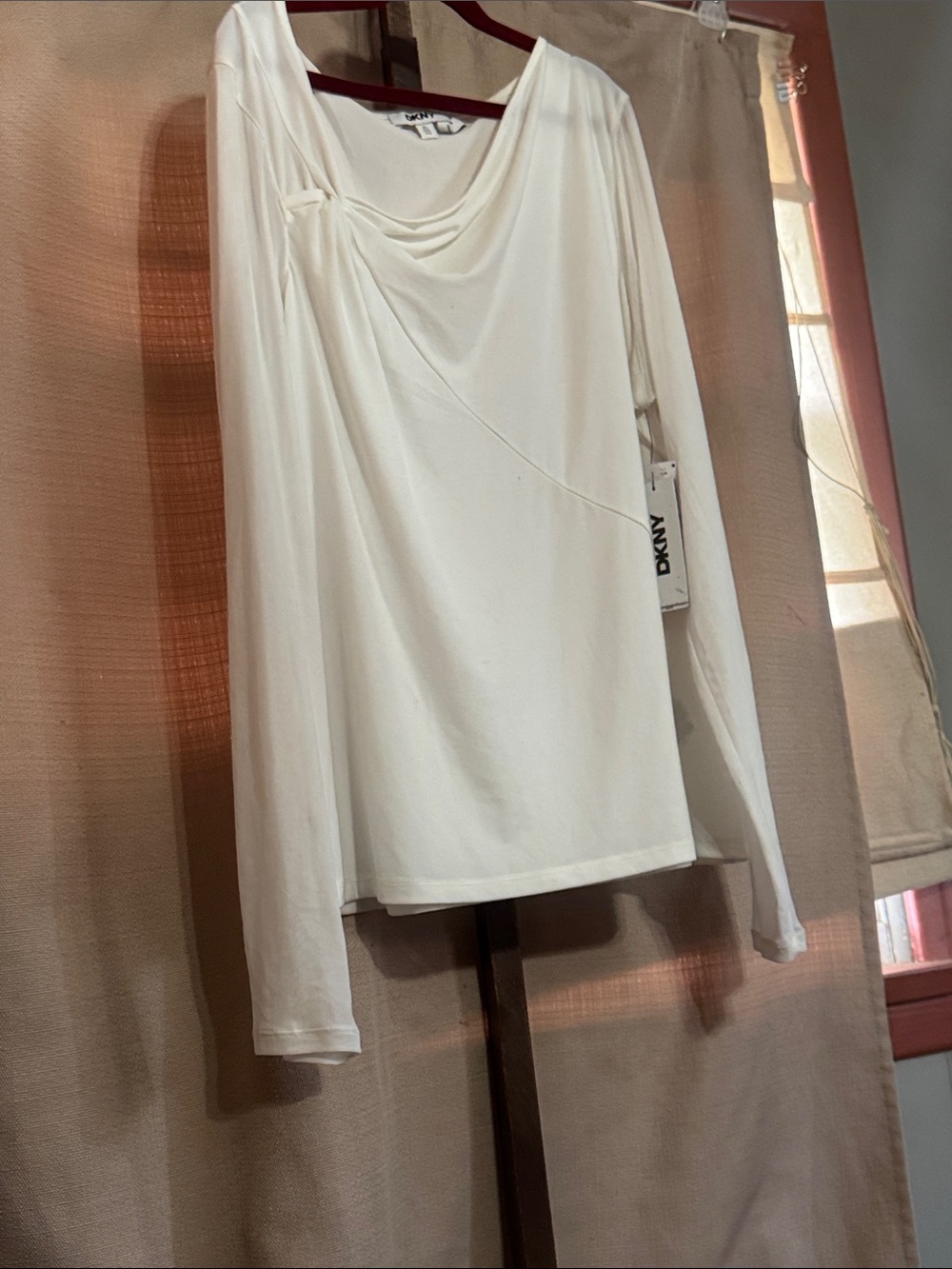 DKNY Cream Draped Neck Long Sleeve Top